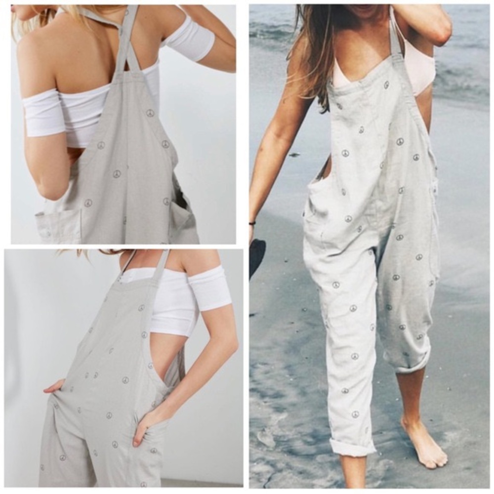 BDG Boho Light Gray Peace Sign Linen Blend Overalls Jumpsuit Size Small